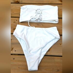 3/$20 SHEIN White High Waist Ribbed Bikini With LaceUp Top NWOT, Medium